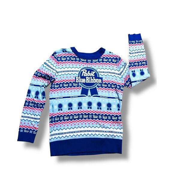 Pabst Blue Ribbon Sweater Mens Size Large Christmas Holiday Fair Isle Knit X-Mas - Picture 1 of 7